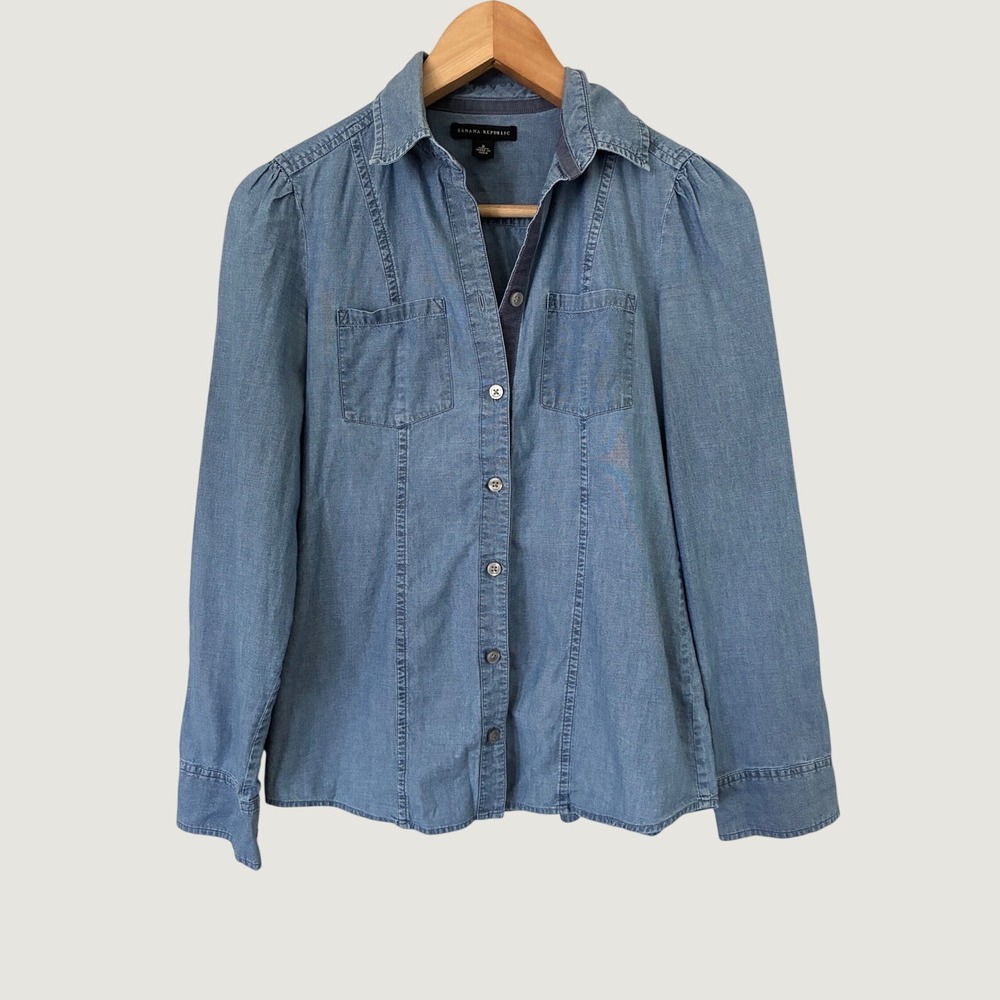 Banana Republic Womens Blue Denim Button Down Shirt Puff Shoulder Cotton Size 2